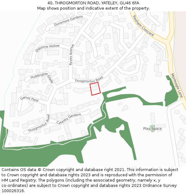 40, THROGMORTON ROAD, YATELEY, GU46 6FA: Location map and indicative extent of plot