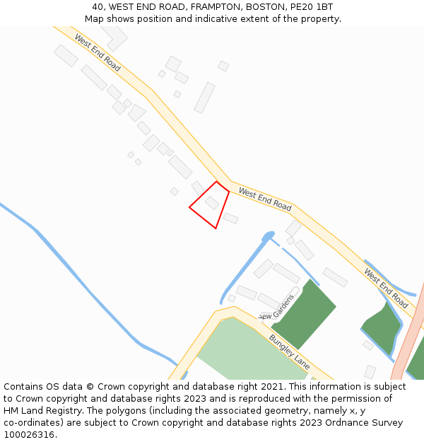 40, WEST END ROAD, FRAMPTON, BOSTON, PE20 1BT: Location map and indicative extent of plot
