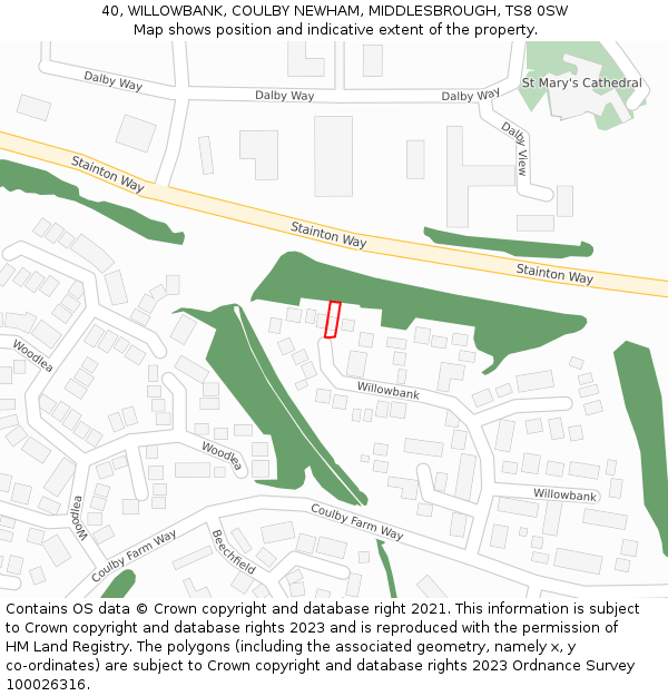 40, WILLOWBANK, COULBY NEWHAM, MIDDLESBROUGH, TS8 0SW: Location map and indicative extent of plot