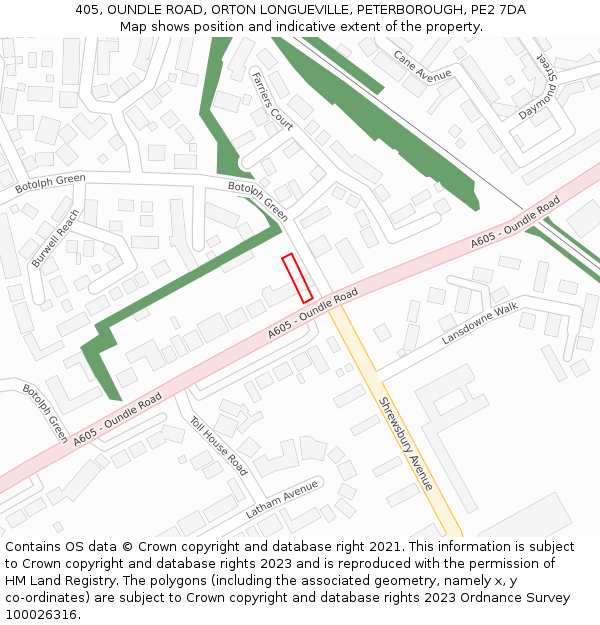 405, OUNDLE ROAD, ORTON LONGUEVILLE, PETERBOROUGH, PE2 7DA: Location map and indicative extent of plot