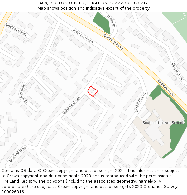 408, BIDEFORD GREEN, LEIGHTON BUZZARD, LU7 2TY: Location map and indicative extent of plot