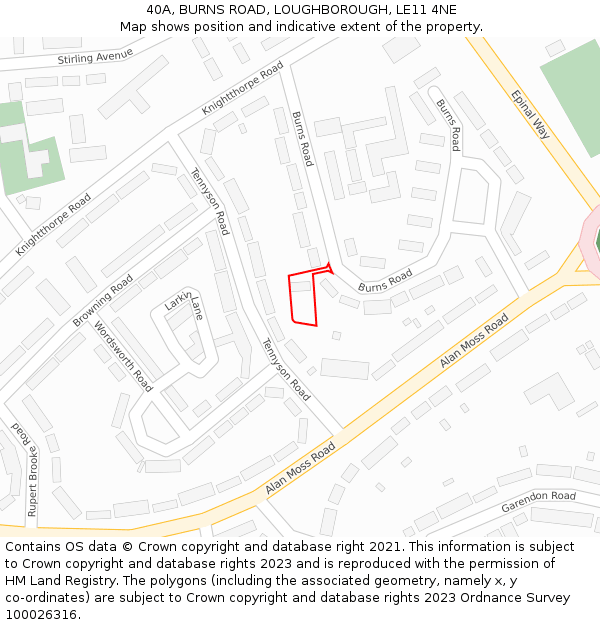 40A, BURNS ROAD, LOUGHBOROUGH, LE11 4NE: Location map and indicative extent of plot