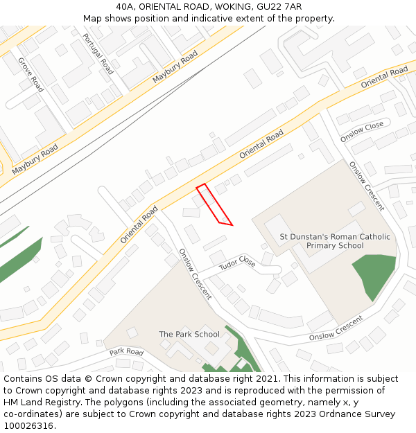 40A, ORIENTAL ROAD, WOKING, GU22 7AR: Location map and indicative extent of plot