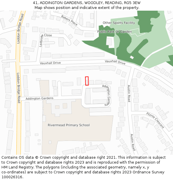 41, ADDINGTON GARDENS, WOODLEY, READING, RG5 3EW: Location map and indicative extent of plot