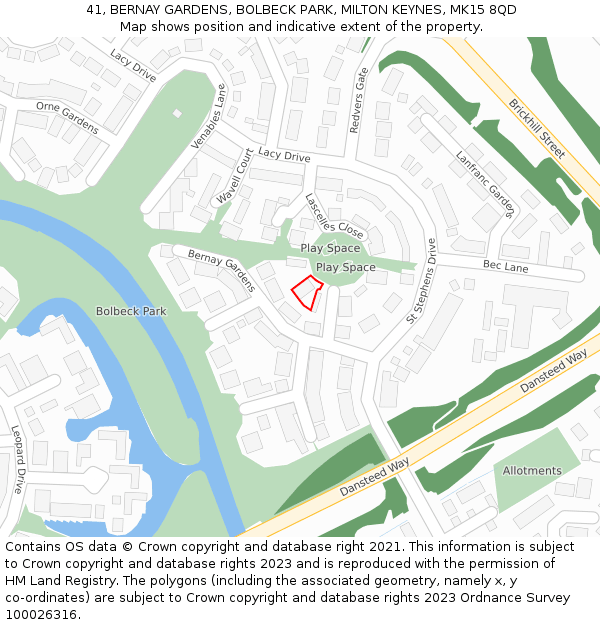 41, BERNAY GARDENS, BOLBECK PARK, MILTON KEYNES, MK15 8QD: Location map and indicative extent of plot