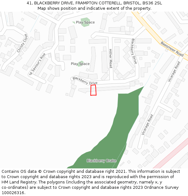 41, BLACKBERRY DRIVE, FRAMPTON COTTERELL, BRISTOL, BS36 2SL: Location map and indicative extent of plot