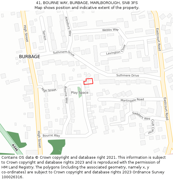 41, BOURNE WAY, BURBAGE, MARLBOROUGH, SN8 3FS: Location map and indicative extent of plot