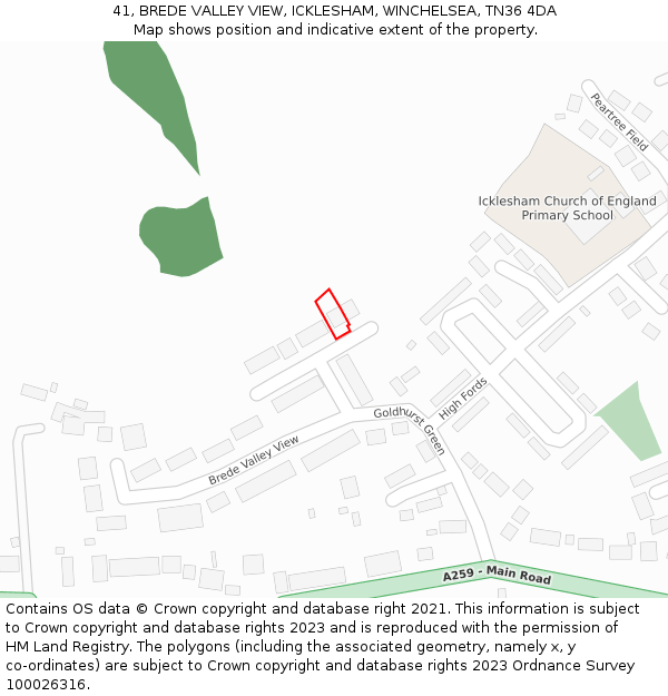 41, BREDE VALLEY VIEW, ICKLESHAM, WINCHELSEA, TN36 4DA: Location map and indicative extent of plot