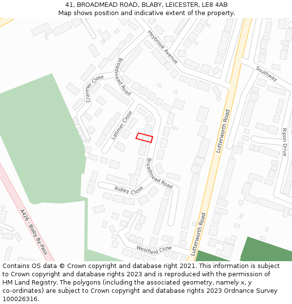 41, BROADMEAD ROAD, BLABY, LEICESTER, LE8 4AB: Location map and indicative extent of plot