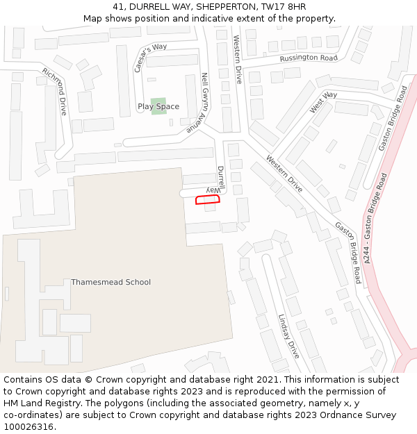 41, DURRELL WAY, SHEPPERTON, TW17 8HR: Location map and indicative extent of plot