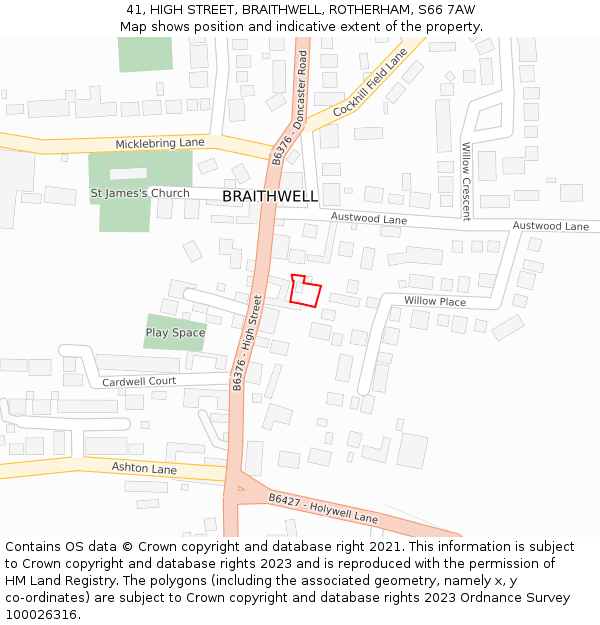 41, HIGH STREET, BRAITHWELL, ROTHERHAM, S66 7AW: Location map and indicative extent of plot