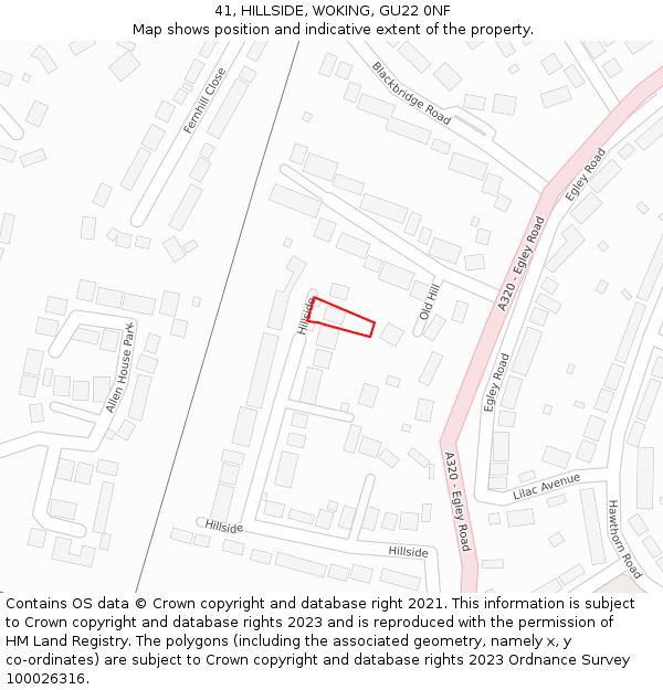 41, HILLSIDE, WOKING, GU22 0NF: Location map and indicative extent of plot