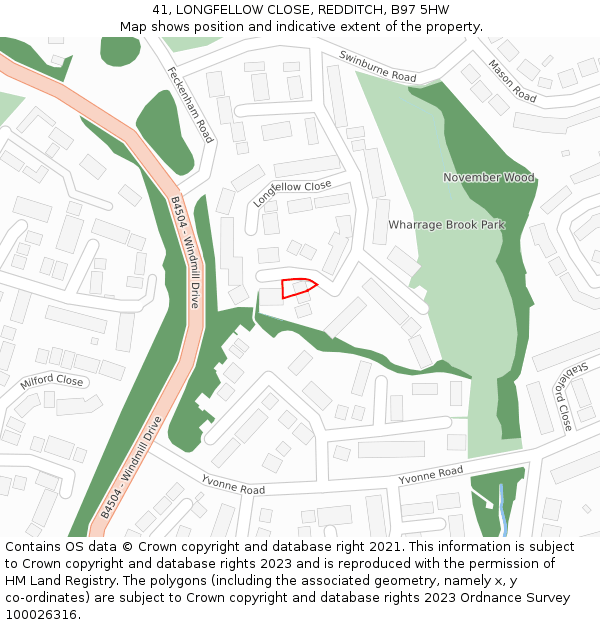 41, LONGFELLOW CLOSE, REDDITCH, B97 5HW: Location map and indicative extent of plot