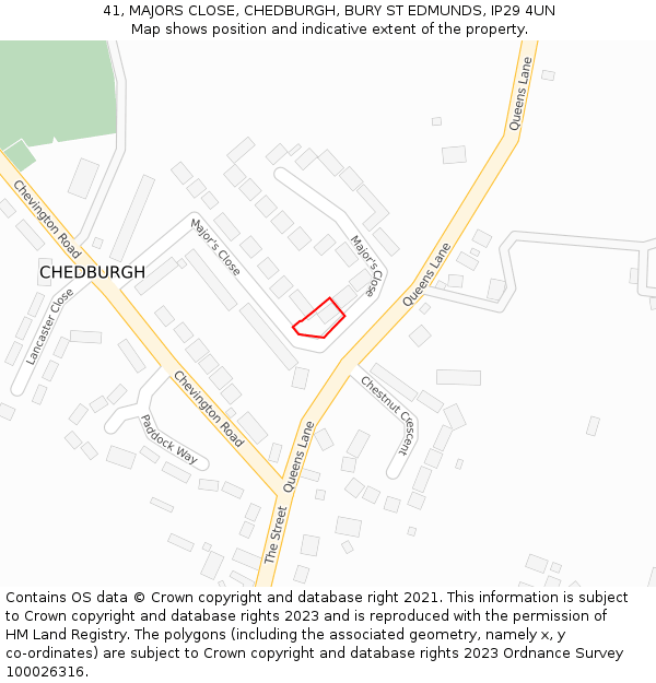 41, MAJORS CLOSE, CHEDBURGH, BURY ST EDMUNDS, IP29 4UN: Location map and indicative extent of plot