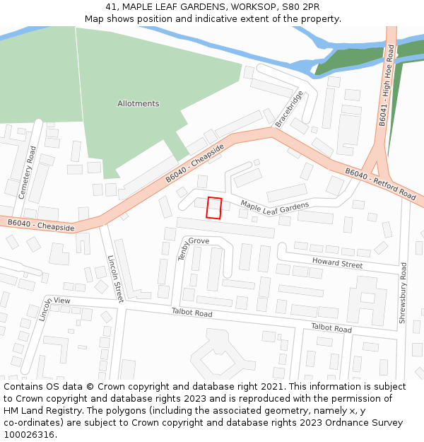 41, MAPLE LEAF GARDENS, WORKSOP, S80 2PR: Location map and indicative extent of plot