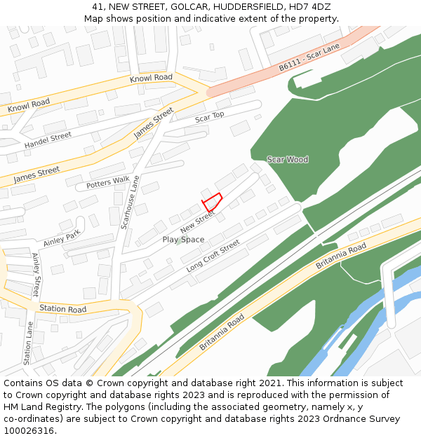 41, NEW STREET, GOLCAR, HUDDERSFIELD, HD7 4DZ: Location map and indicative extent of plot