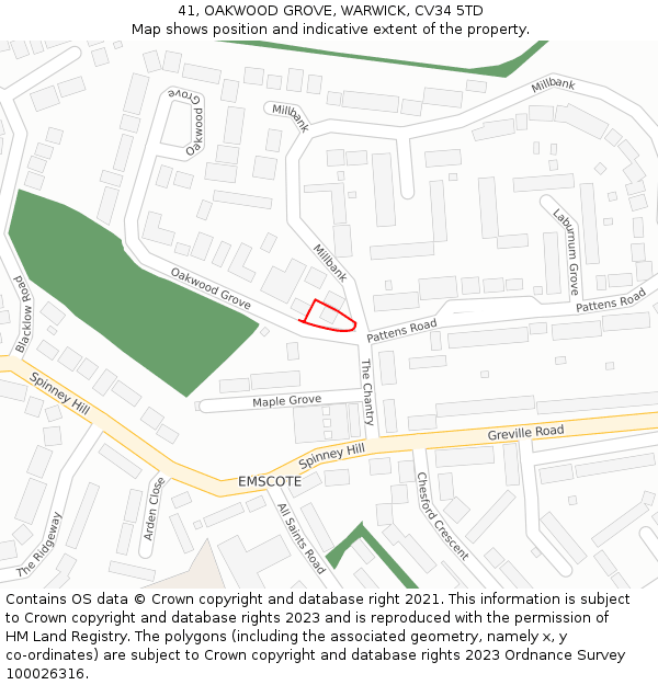 41, OAKWOOD GROVE, WARWICK, CV34 5TD: Location map and indicative extent of plot