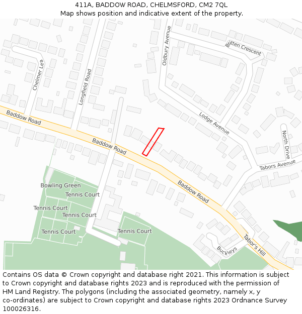 411A, BADDOW ROAD, CHELMSFORD, CM2 7QL: Location map and indicative extent of plot