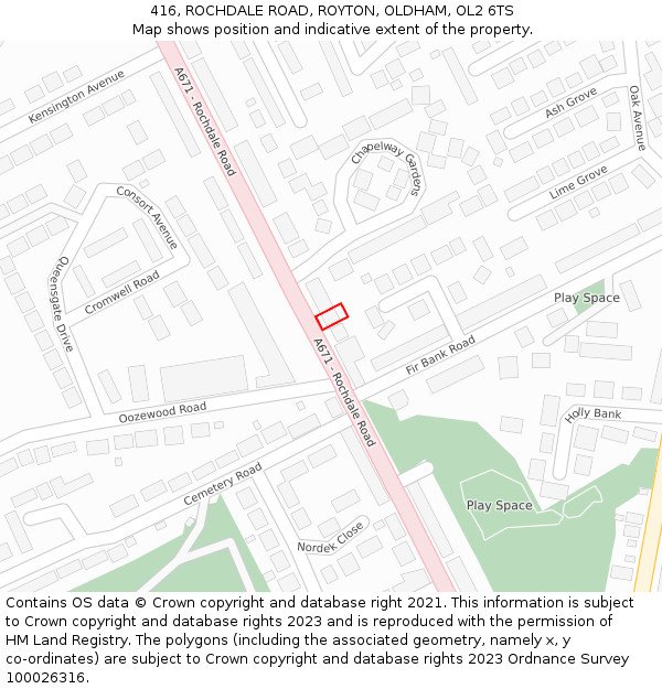 416, ROCHDALE ROAD, ROYTON, OLDHAM, OL2 6TS: Location map and indicative extent of plot