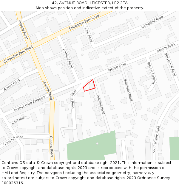 42, AVENUE ROAD, LEICESTER, LE2 3EA: Location map and indicative extent of plot