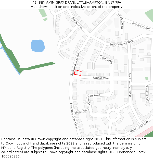 42, BENJAMIN GRAY DRIVE, LITTLEHAMPTON, BN17 7FA: Location map and indicative extent of plot