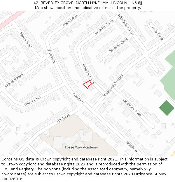 42, BEVERLEY GROVE, NORTH HYKEHAM, LINCOLN, LN6 8JJ: Location map and indicative extent of plot
