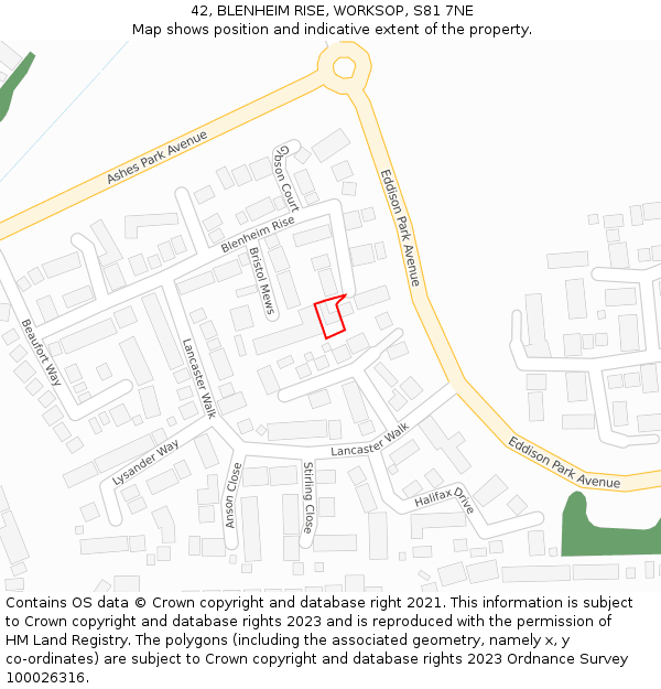 42, BLENHEIM RISE, WORKSOP, S81 7NE: Location map and indicative extent of plot