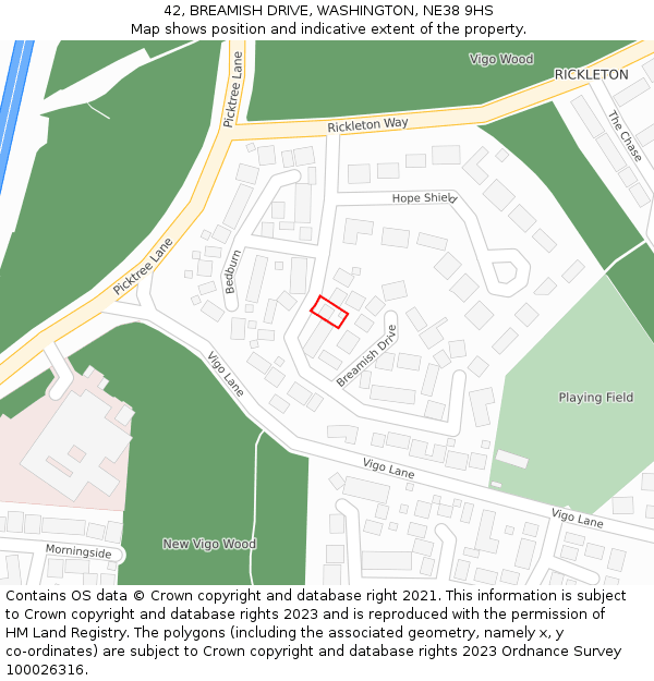 42, BREAMISH DRIVE, WASHINGTON, NE38 9HS: Location map and indicative extent of plot