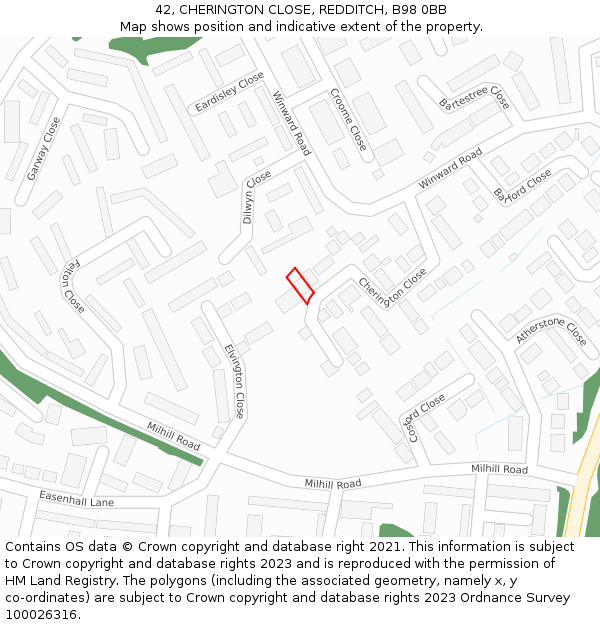 42, CHERINGTON CLOSE, REDDITCH, B98 0BB: Location map and indicative extent of plot