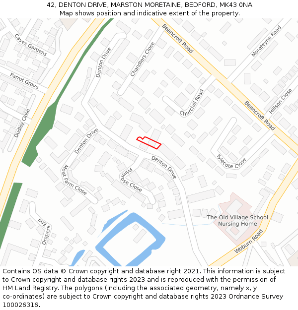 42, DENTON DRIVE, MARSTON MORETAINE, BEDFORD, MK43 0NA: Location map and indicative extent of plot