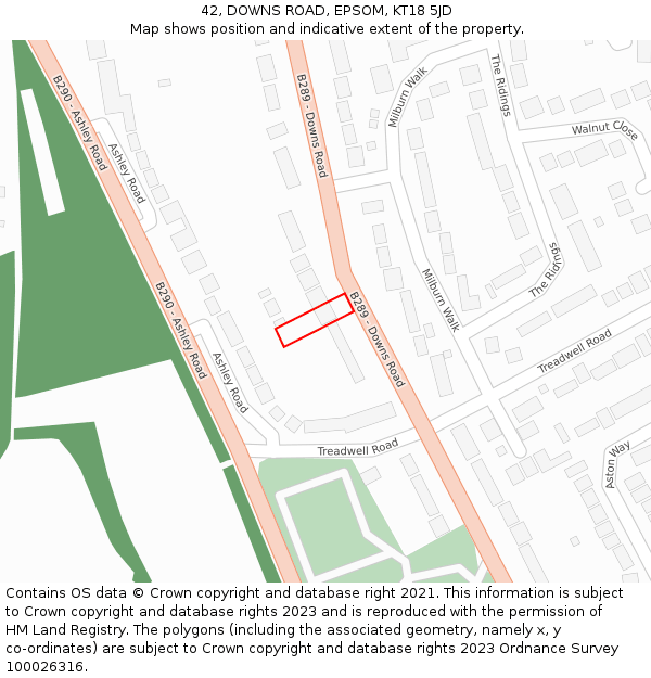 42, DOWNS ROAD, EPSOM, KT18 5JD: Location map and indicative extent of plot