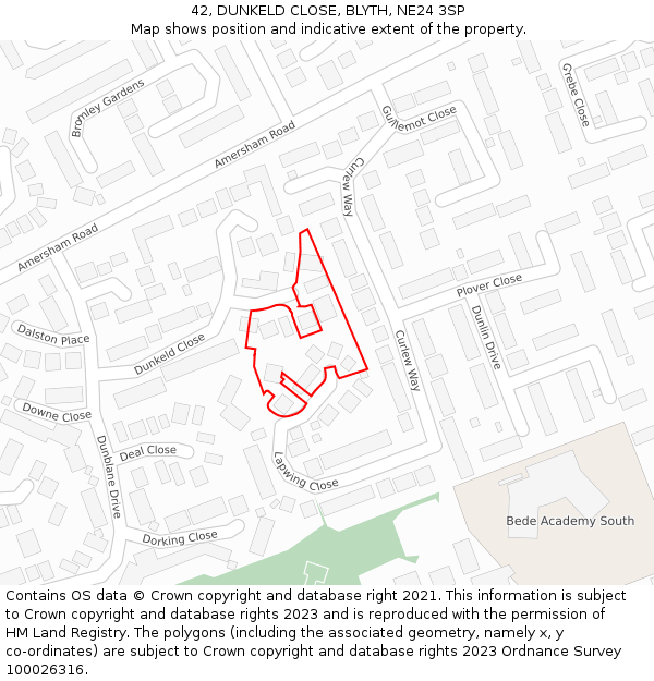 42, DUNKELD CLOSE, BLYTH, NE24 3SP: Location map and indicative extent of plot