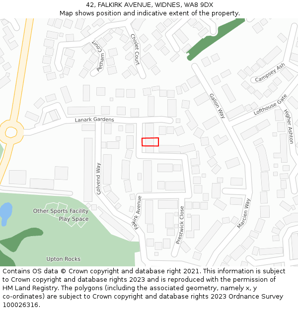 42, FALKIRK AVENUE, WIDNES, WA8 9DX: Location map and indicative extent of plot