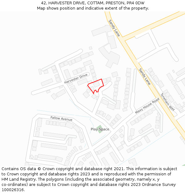 42, HARVESTER DRIVE, COTTAM, PRESTON, PR4 0DW: Location map and indicative extent of plot