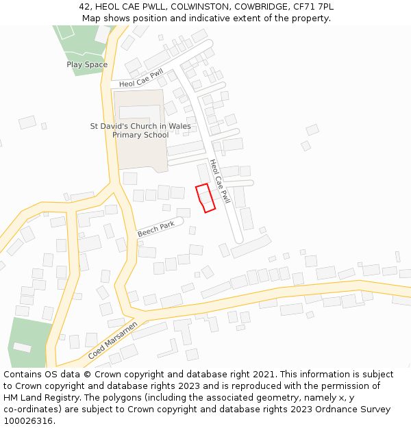 42, HEOL CAE PWLL, COLWINSTON, COWBRIDGE, CF71 7PL: Location map and indicative extent of plot
