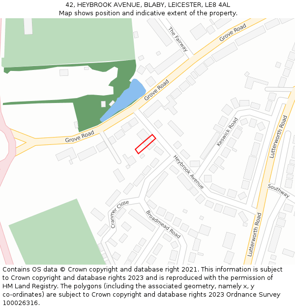 42, HEYBROOK AVENUE, BLABY, LEICESTER, LE8 4AL: Location map and indicative extent of plot