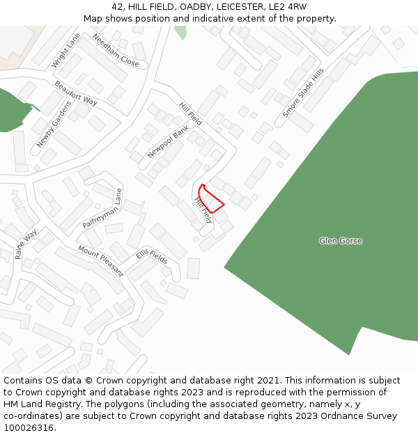 42, HILL FIELD, OADBY, LEICESTER, LE2 4RW: Location map and indicative extent of plot