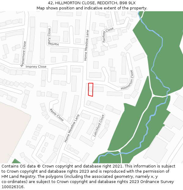 42, HILLMORTON CLOSE, REDDITCH, B98 9LX: Location map and indicative extent of plot