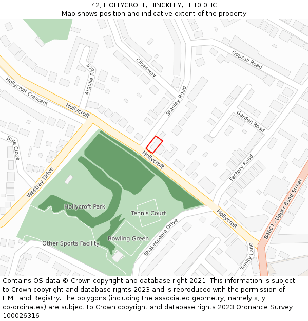 42, HOLLYCROFT, HINCKLEY, LE10 0HG: Location map and indicative extent of plot