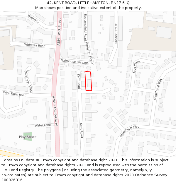 42, KENT ROAD, LITTLEHAMPTON, BN17 6LQ: Location map and indicative extent of plot