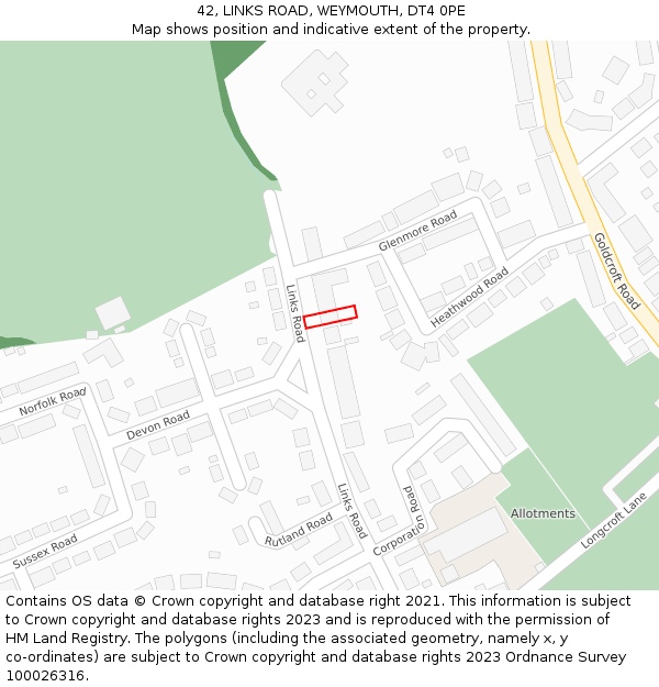 42, LINKS ROAD, WEYMOUTH, DT4 0PE: Location map and indicative extent of plot