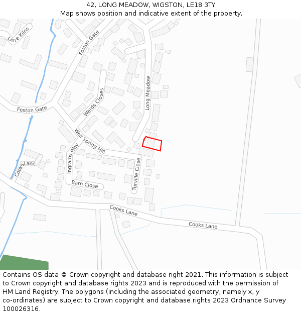 42, LONG MEADOW, WIGSTON, LE18 3TY: Location map and indicative extent of plot