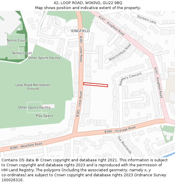 42, LOOP ROAD, WOKING, GU22 9BQ: Location map and indicative extent of plot