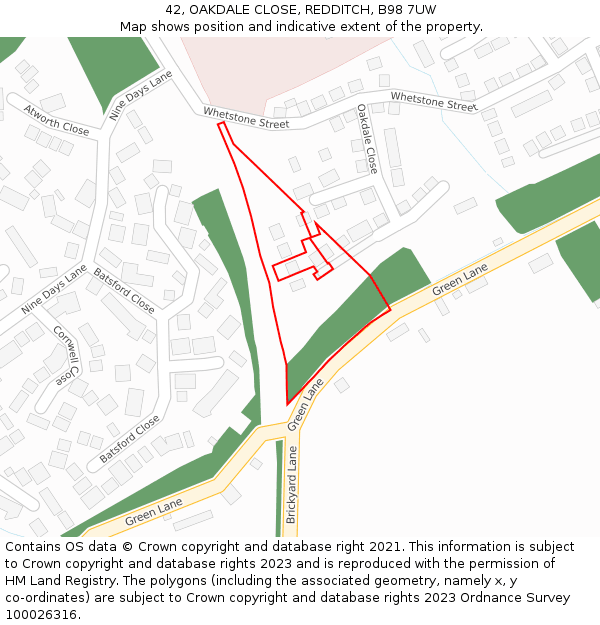 42, OAKDALE CLOSE, REDDITCH, B98 7UW: Location map and indicative extent of plot