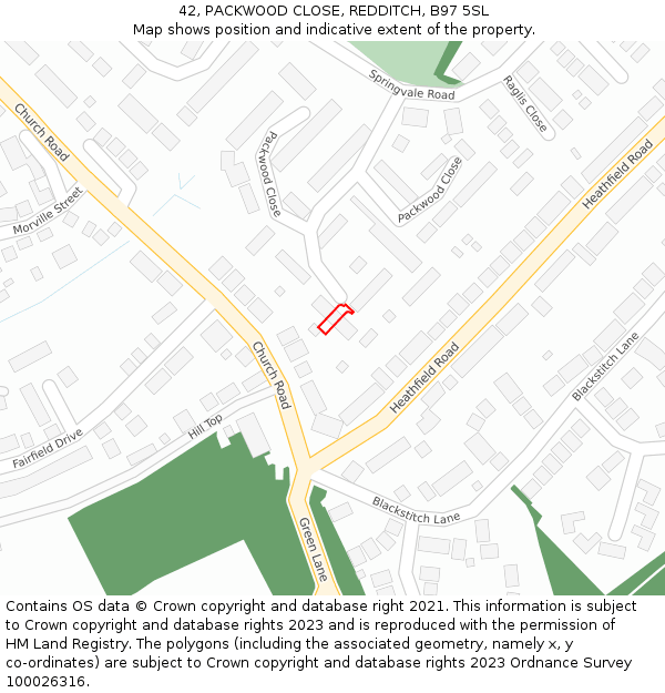 42, PACKWOOD CLOSE, REDDITCH, B97 5SL: Location map and indicative extent of plot