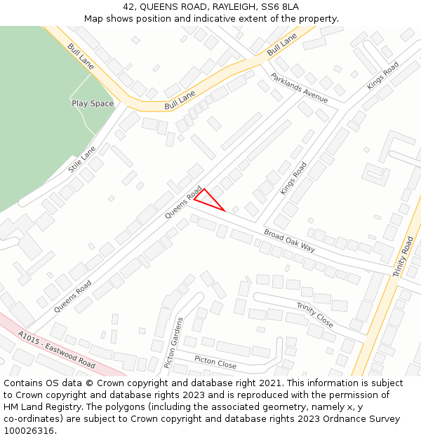 42, QUEENS ROAD, RAYLEIGH, SS6 8LA: Location map and indicative extent of plot