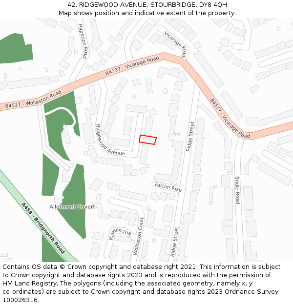 42, RIDGEWOOD AVENUE, STOURBRIDGE, DY8 4QH: Location map and indicative extent of plot