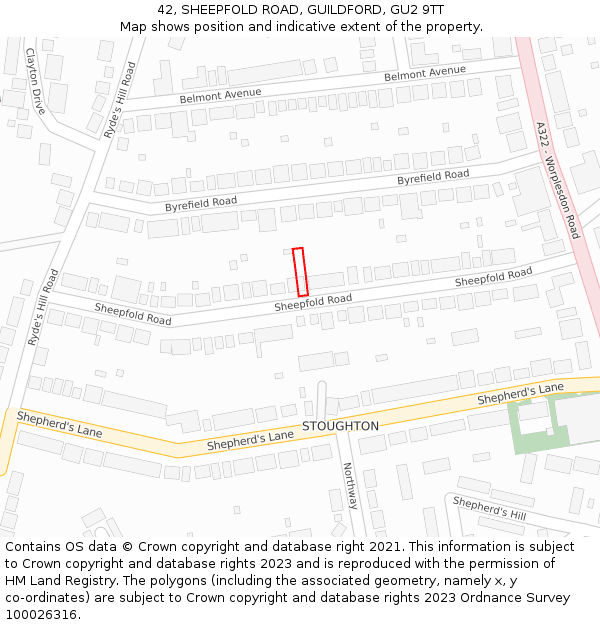 42, SHEEPFOLD ROAD, GUILDFORD, GU2 9TT: Location map and indicative extent of plot