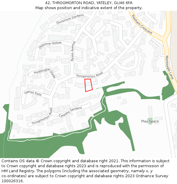 42, THROGMORTON ROAD, YATELEY, GU46 6FA: Location map and indicative extent of plot