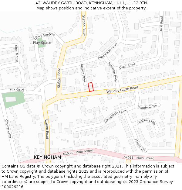 42, WAUDBY GARTH ROAD, KEYINGHAM, HULL, HU12 9TN: Location map and indicative extent of plot